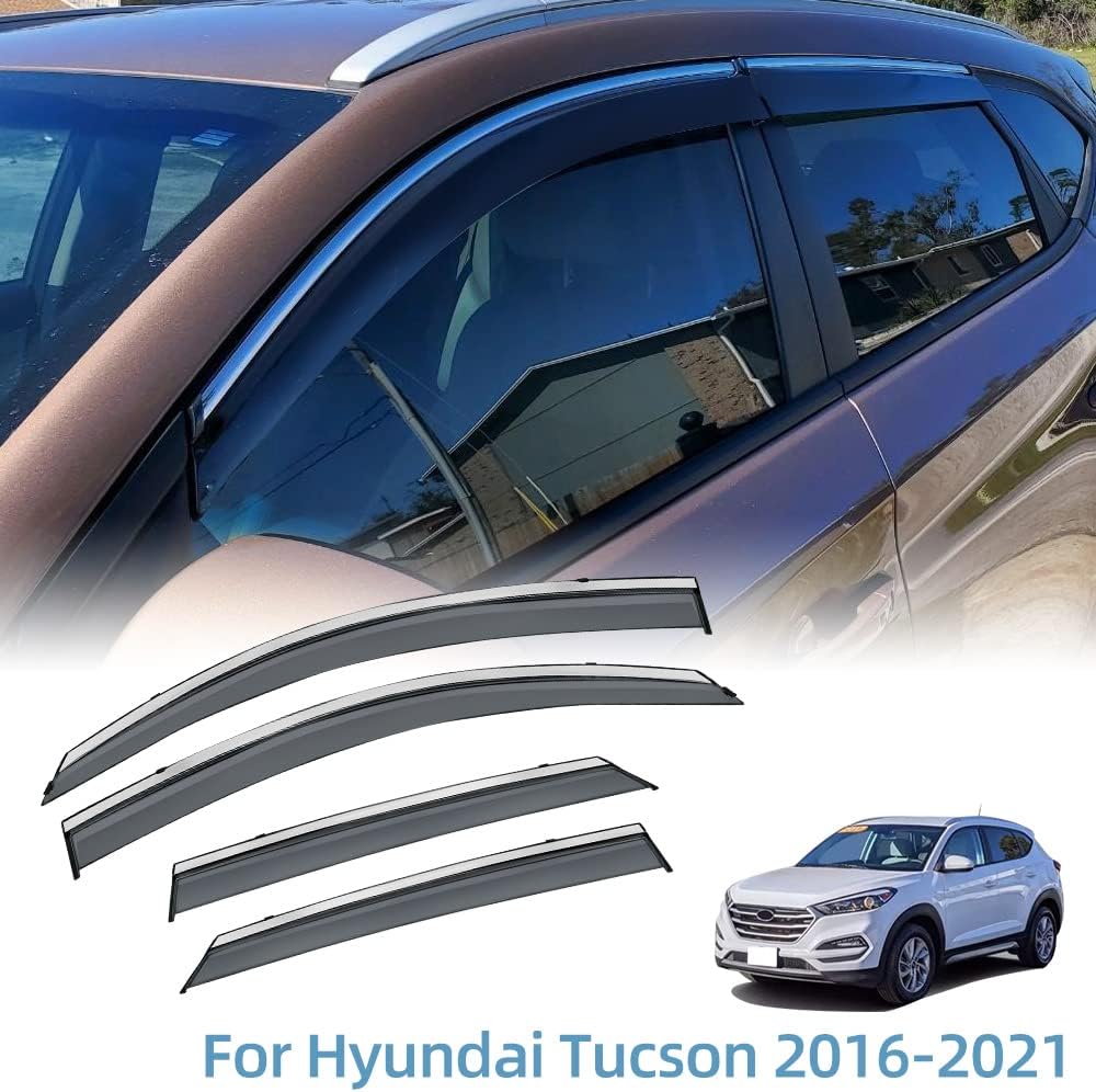 Compatible with Hyundai Tucson 2016-2021 Window Wind Deflector Rain Guard with 304 Stainless Steel Trim Pack of 2 H33847