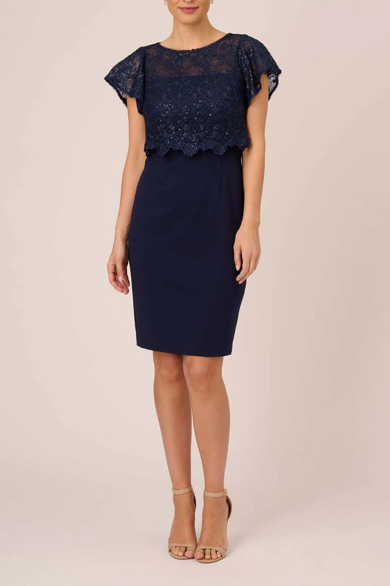 Navy Cap Sleeve Lace Crepe Dress R14797