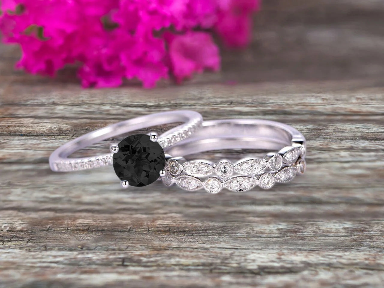 10k White Gold Black Diamond Moissanite Engagement Ring V7925