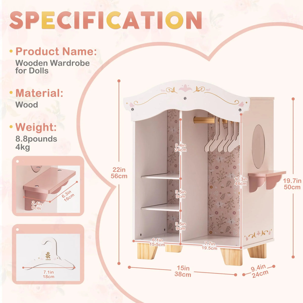 Pink Wooden Doll Armoire Closet with Vanity Table and 5 Clothing Hangers A832