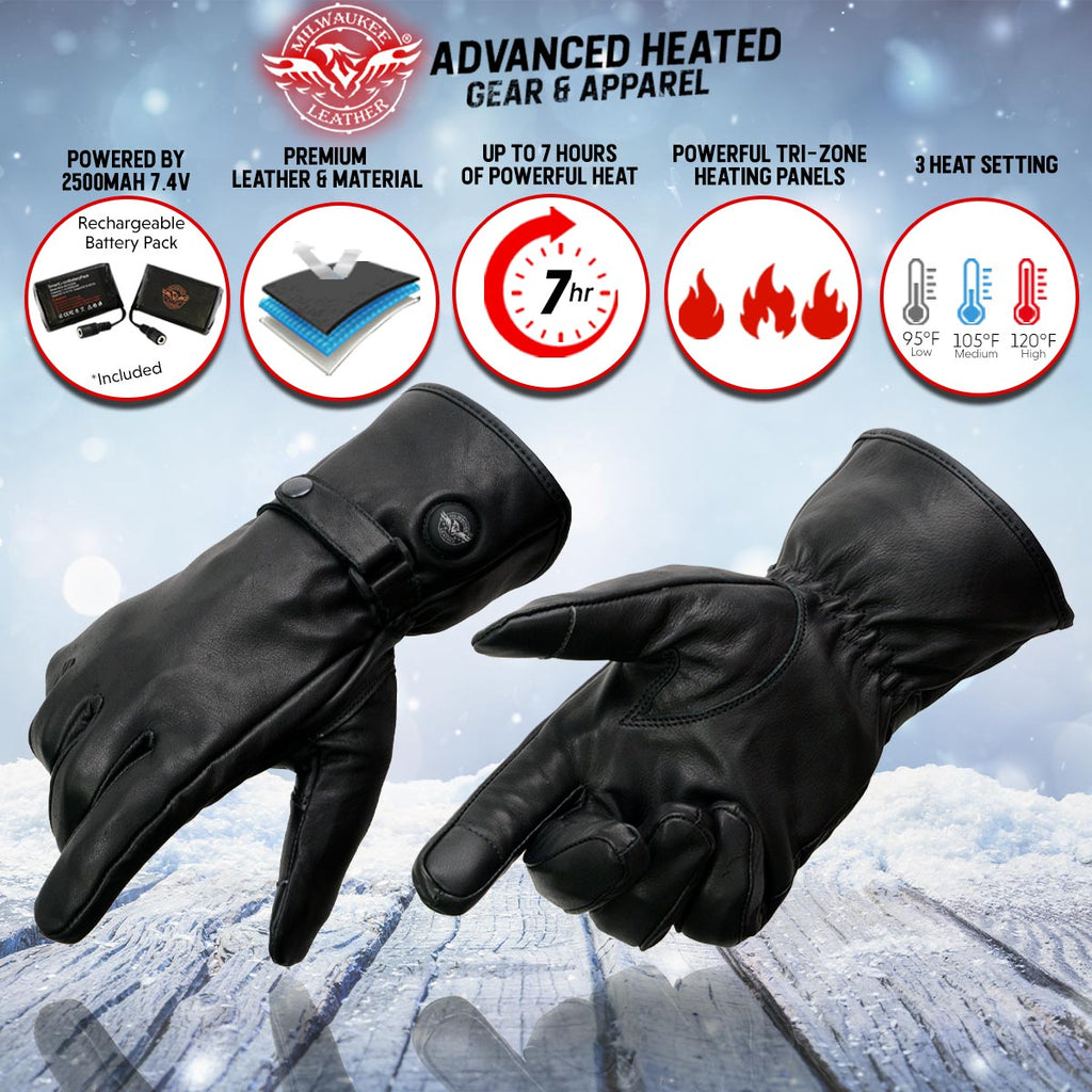 Black Leather Heated Winter Gloves with Battery X-Large S192