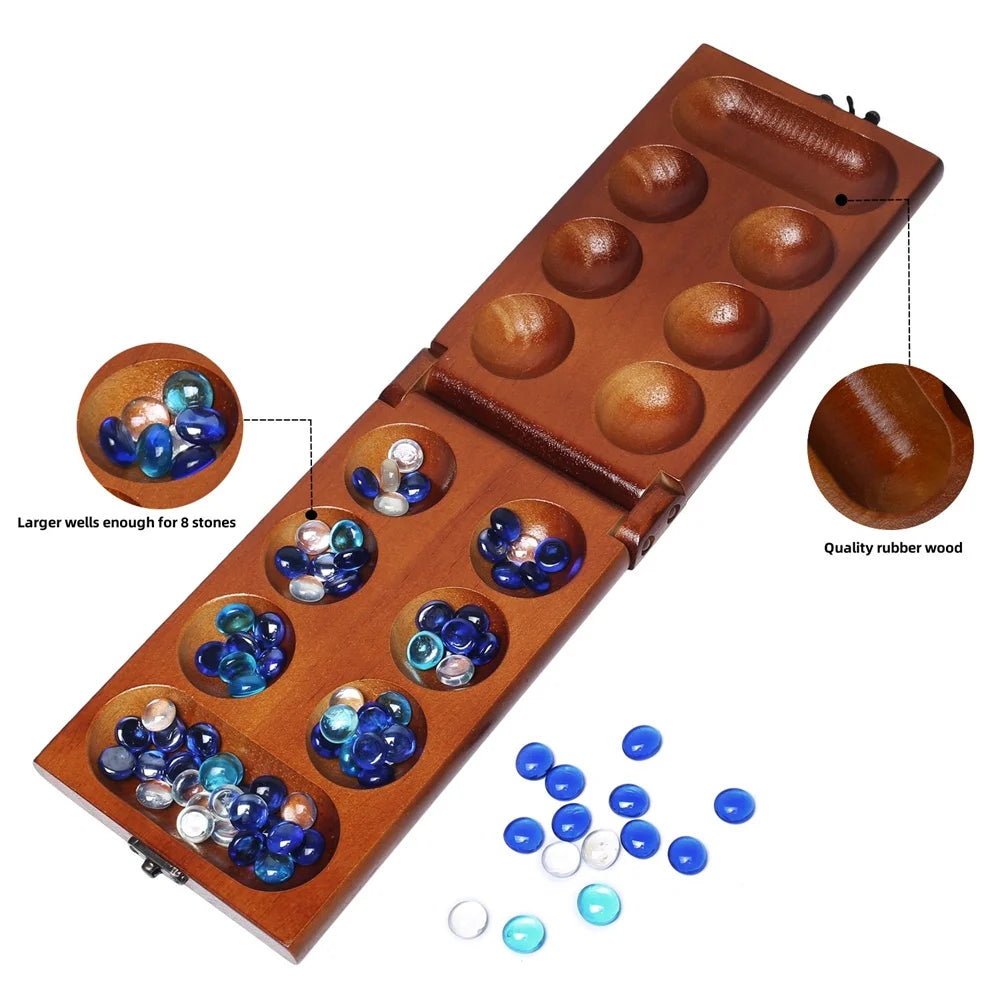 Mancala Board Game Set with Rubber Wood Board, Stones Storage Bag & Instructions. G491992
