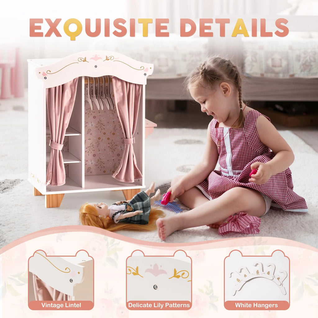 Pink Wooden Doll Armoire Closet with Vanity Table and 5 Clothing Hangers A832