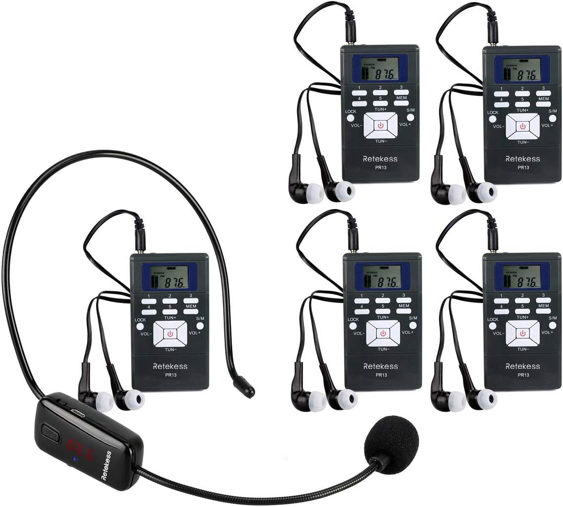 Wireless Microphone Headset System with 1 Transmitter and 5 Portable FM Radio Receiver with Earphone B170