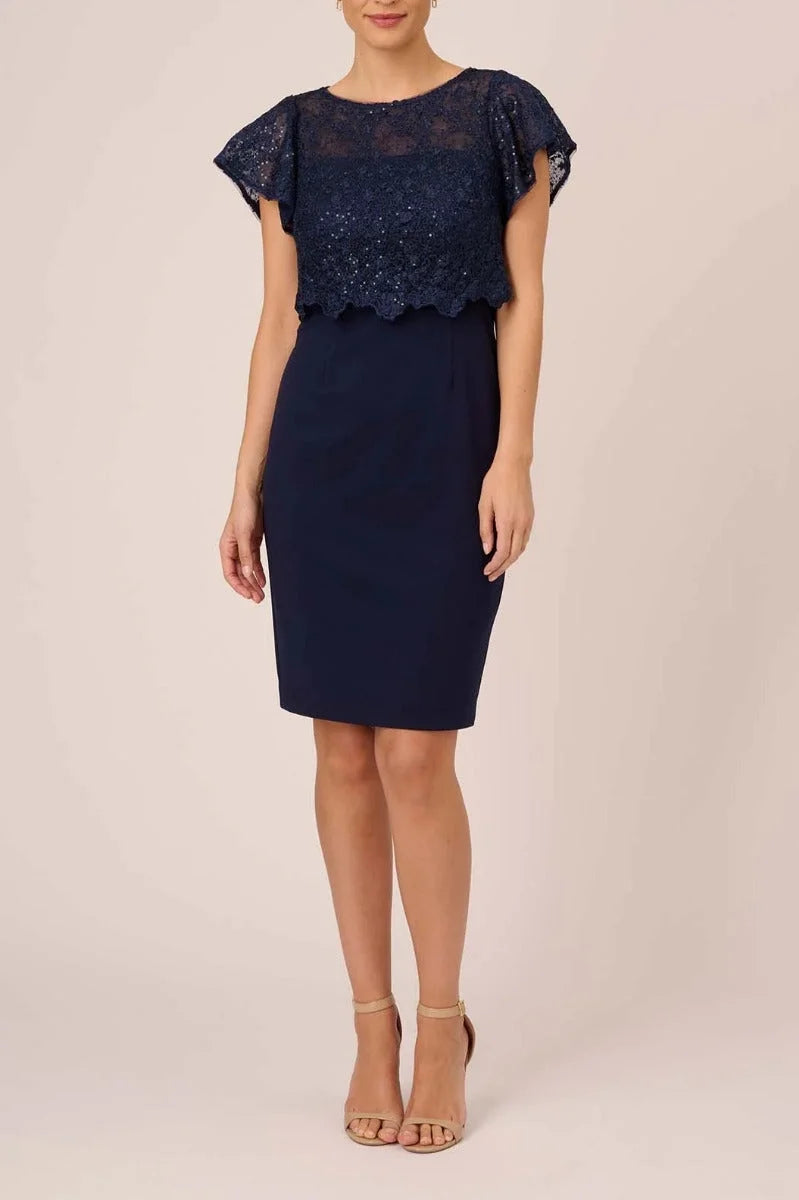 Navy Cap Sleeve Lace Crepe Dress R14797