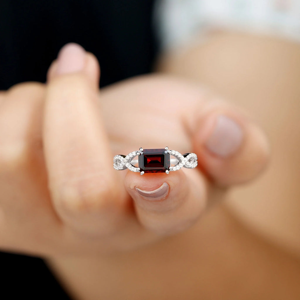 Emerald Cut Garnet Solitaire Ring with Diamond, 14K White Gold, US 12.00 R255