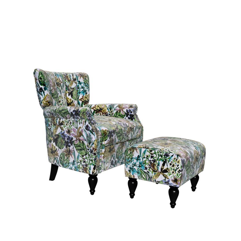 Multi-Cream Velvet Rolled Arm Chair and Ottoman Set O1834