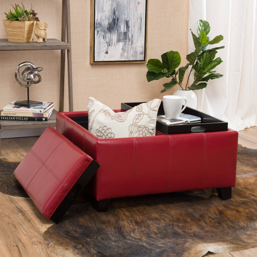 Red Leather Storage Ottoman V5275