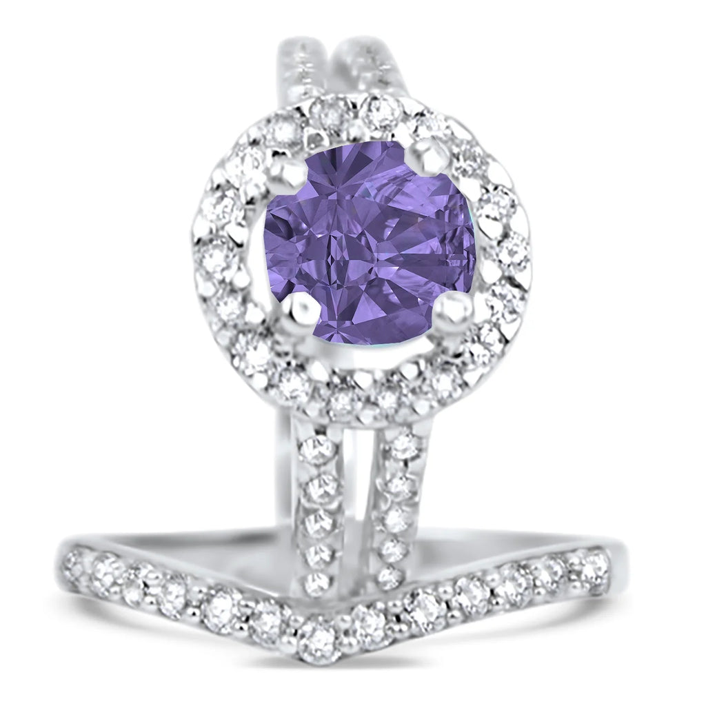 Purple CZ Black Silver Wedding Engagement Rings Set Q22990