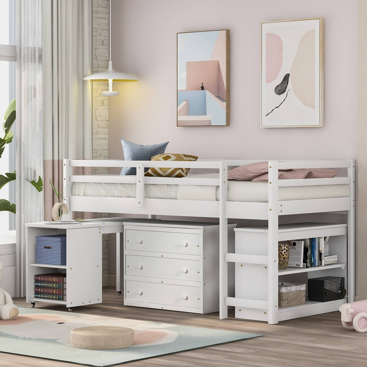 Twin Loft Bed with Cabinet and Rolling F3880