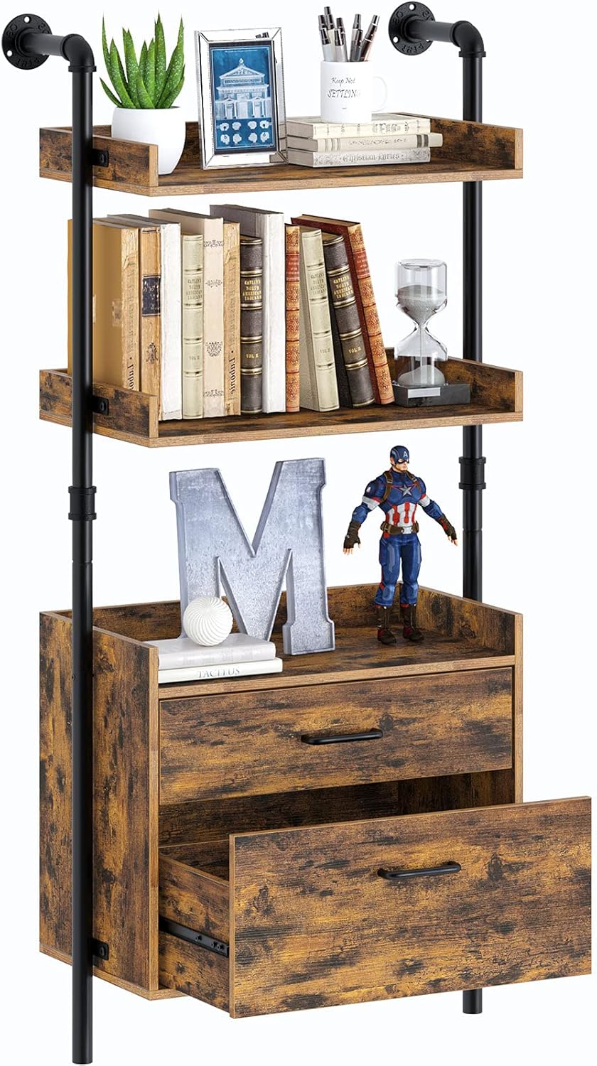 Industrial Bookshelf with 2 Wood Drawers, 4-Tier, Rustic Brown Z95992