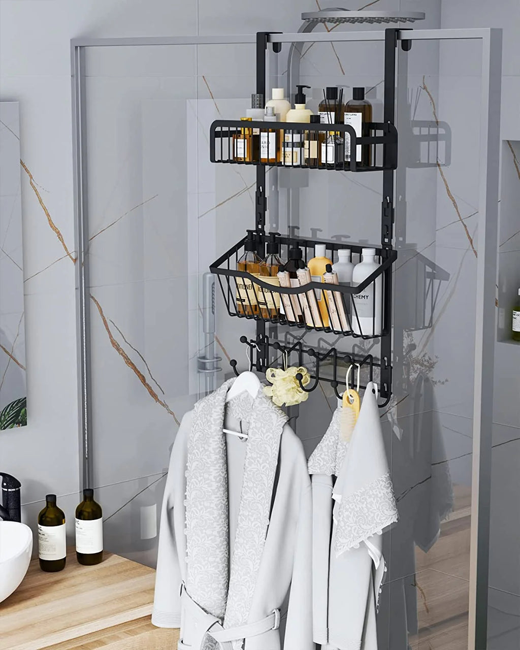 Over The Door Hooks Organizer with 9 Coat Hooks & 2 Wire Basket Hanging Storage (Black) T812810
