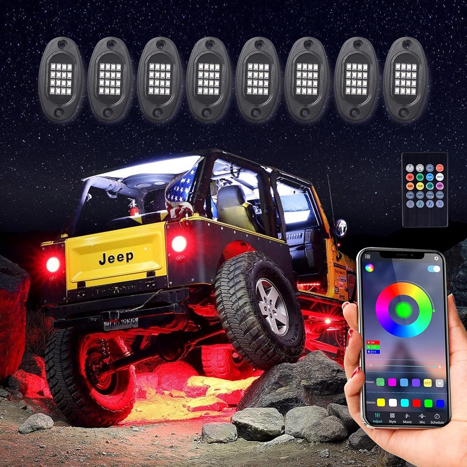8 Pods Multicolor Waterproof LED Rock Lights for Trucks UTV ATV Jeep O730