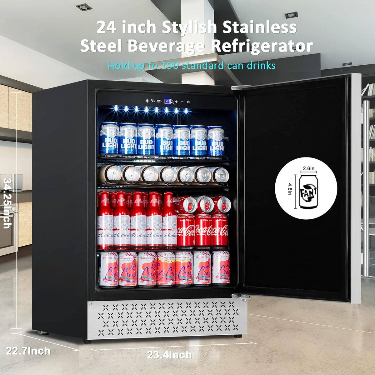 Stainless Steel 24 Inch Under Counter Beverage Refrigerator W9191