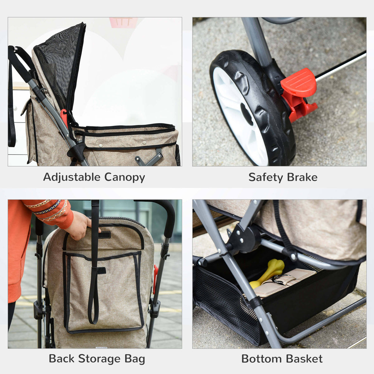 Foldable Pet Stroller with Reversible Handle Basket Storage Bag 3-Stage Canopy Zippered Mesh E93084