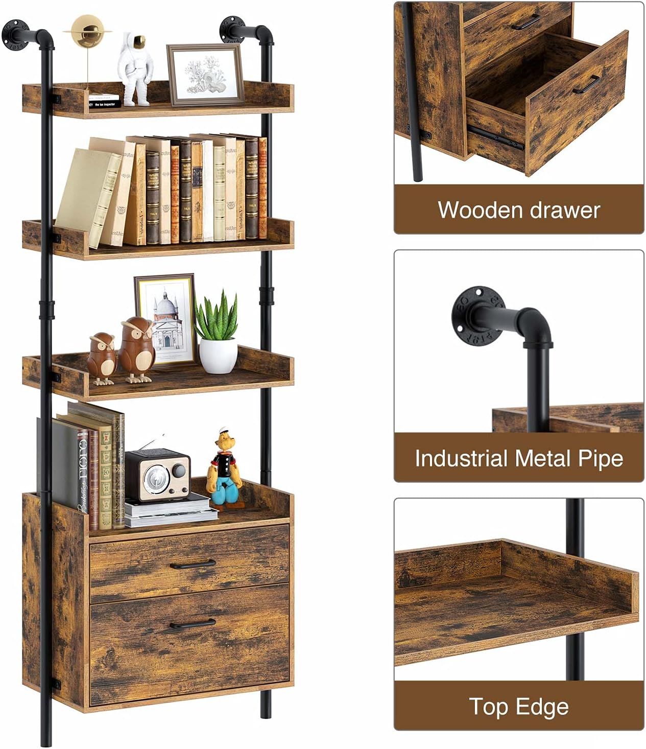 Industrial Bookshelf with 2 Wood Drawers, 4-Tier, Rustic Brown Z95992