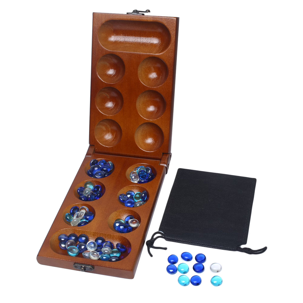 Mancala Board Game Set with Rubber Wood Board, Stones Storage Bag & Instructions. G491992