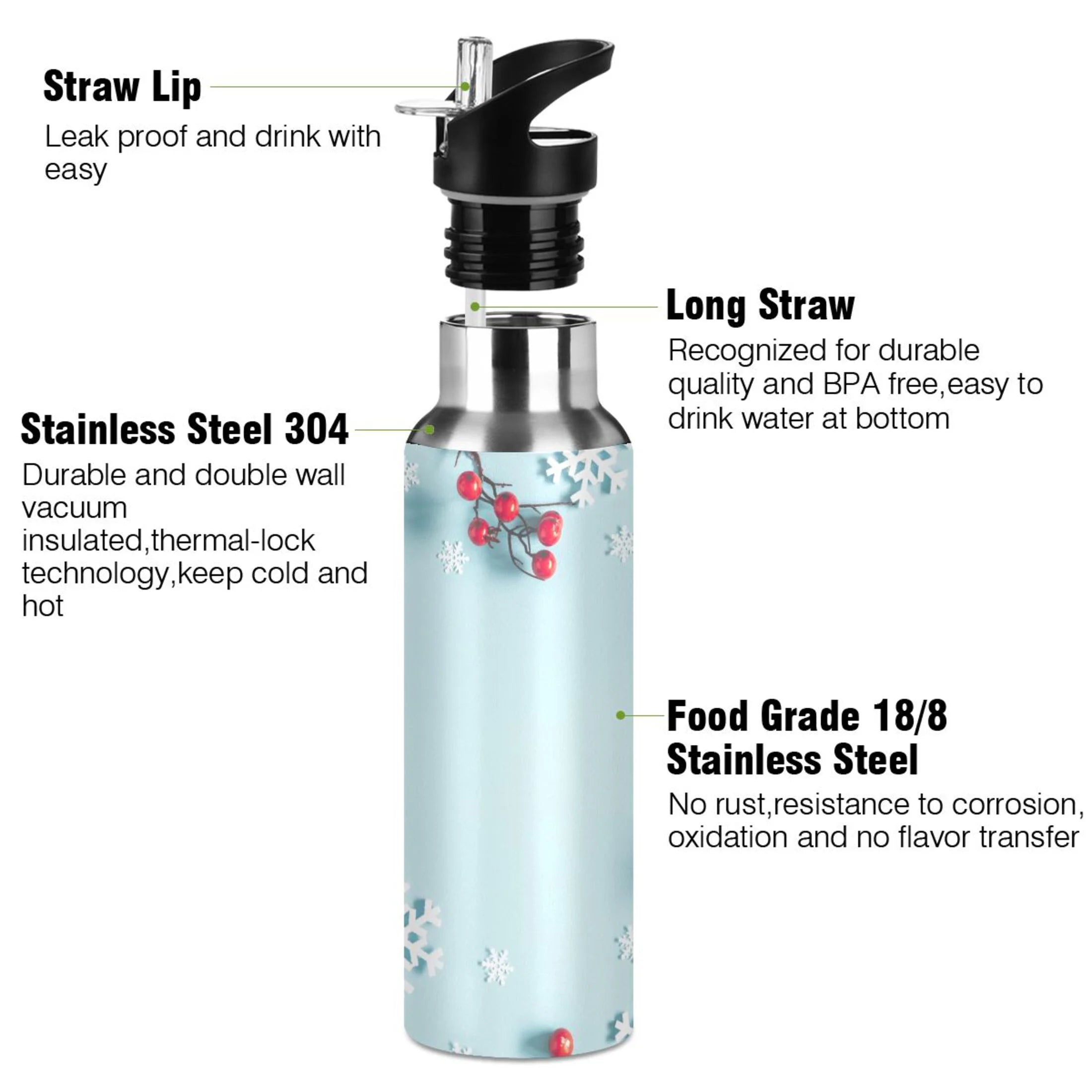 Stainless Steel Insulated Thermos Vacuum Flask Water Bottle with Straw Lid W8276
