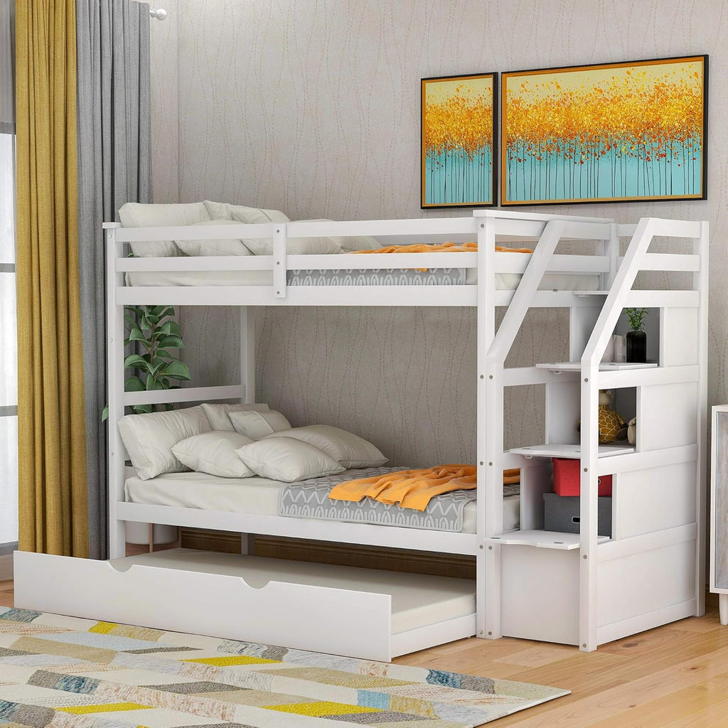 Grey Wood Twin Over Twin Bunk Bed with Trundle and Storage Drawers F794058