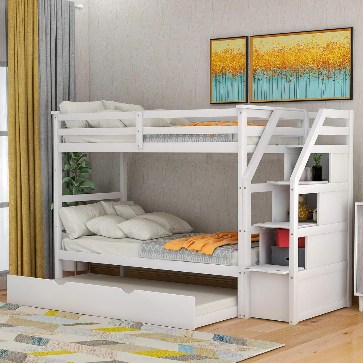 Grey Wood Twin Over Twin Bunk Bed with Trundle and Storage Drawers F794058