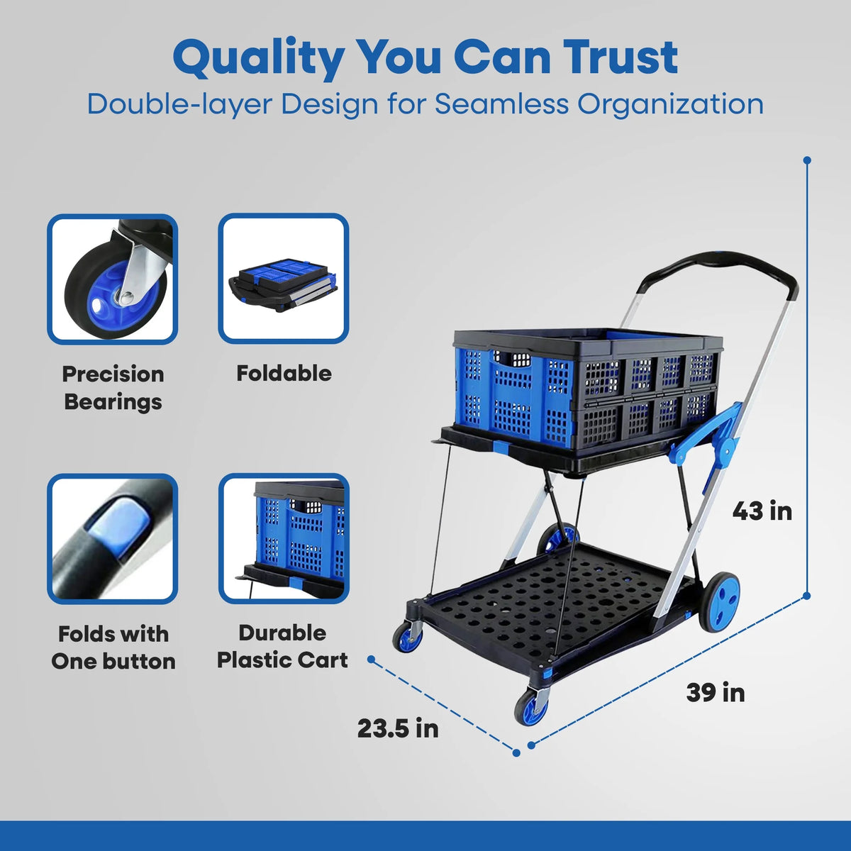 2-Tier Folding Utility Cart with Collapsible Crate D659718