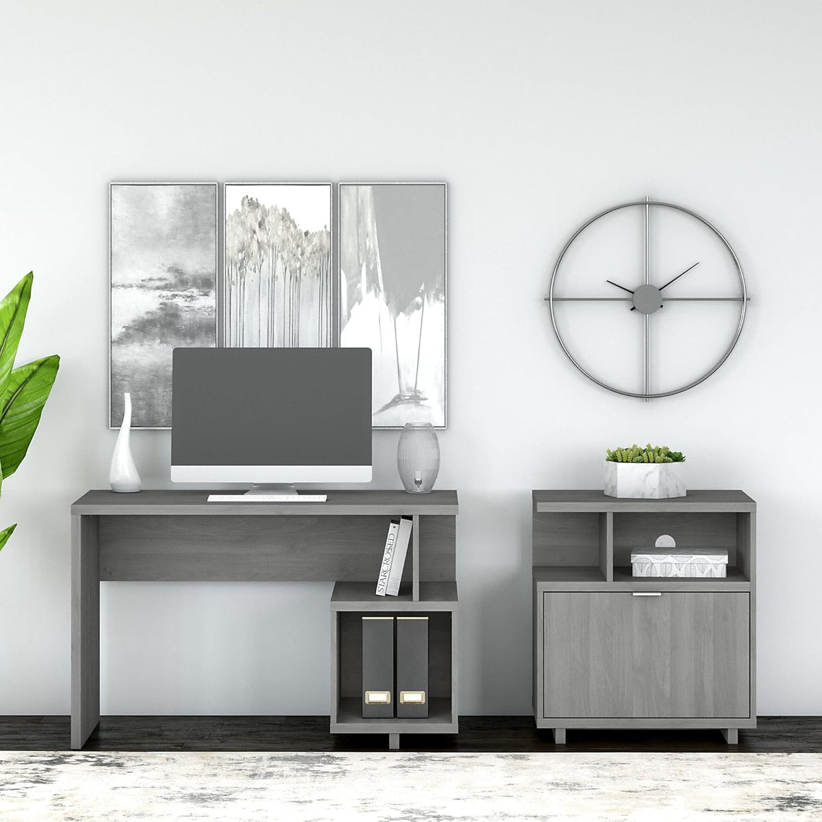 Modern Gray Writing Desk with Lateral File Cabinet Q727